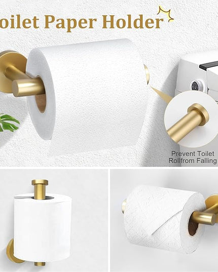 TURS Brushed Gold 5 Piece Bathroom Hardware Set, SUS304 Stainless Steel 24 Inch Bath Towel Bar Set, Round Bathroom Accessories Kit Wall Mounted