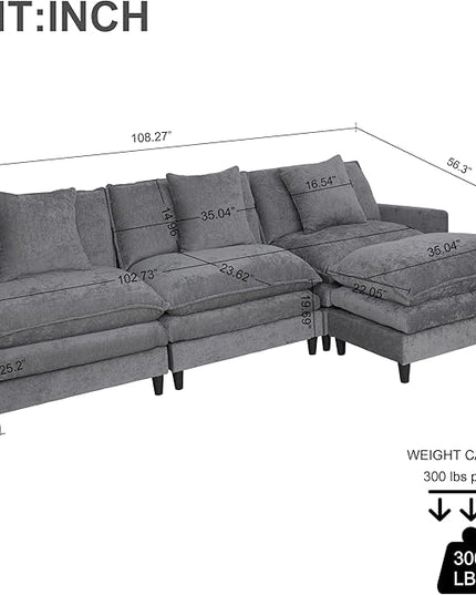 Modular Sectional Sofa,108.27'' Modern Sofa Sleeper Couch with 3 Seat & 1 Ottoman & 3 pillows Sofa Set,Comfy Cloud Couches with Movable Ottoman Deep Seat Sofa for Living Room Chenille (Gray, L Shaped)