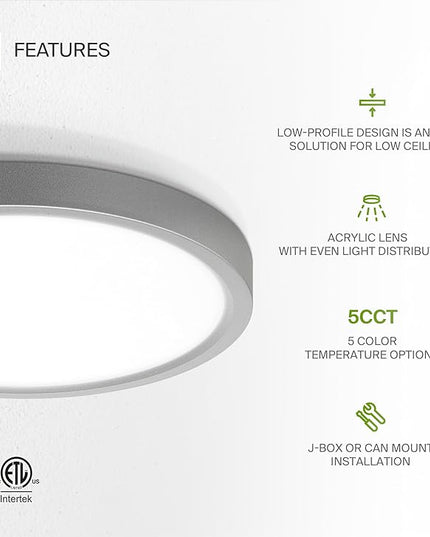 ASD LED 7" Round Flush Mount Ceiling Light Fixture, Low Profile Surface Lighting | 5CCT, Dimmable, Ultra-Thin, ETL Listed | 15W 1260LM 2700-6000K 120V | Kitchen, Bedroom, Hallway Lamp | Nickel, 6 Pack