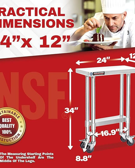 DuraSteel 24x12 NSF Stainless Steel Cart - Heavy Duty Rolling Food Prep Table with Undershelf - Metal Utility Cart for Commercial Restaurant Kitchen, Laundry, Side Mixer Stand