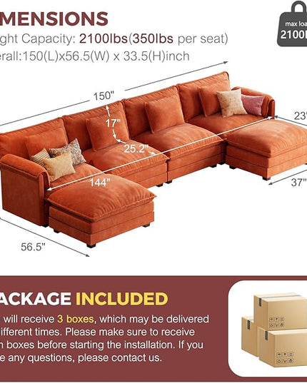 ELUCHANG 153" U Shaped Modular Sectional Cloud Couch with Pillow, Deep Seat Sofa Couches for Living Room, 6-Seat Modern Sofa with Movable Ottoman, Chenille Terracotta