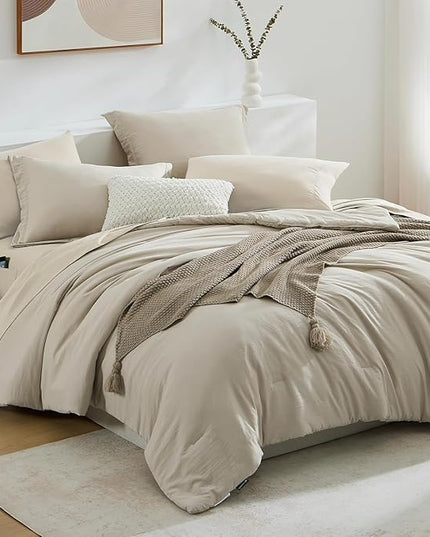 WRENSONGE King Size Comforter Set, 7 Pieces Soft Light Oatmeal Bed in a Bag King with Fitted Sheet, Flat Sheet, 2 Pillow Shams, and 2 Pillowcases- Warm Bedding Set for All Season