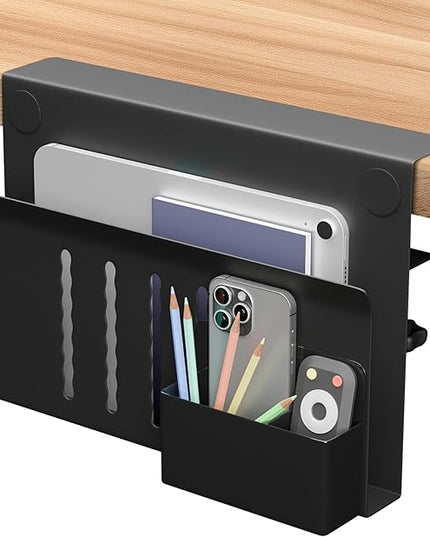 Desk Side Storage with Pen Holder, No Drill Hanging Desk Organizer Under Desk Storage Mount, Clamp-On Laptop Holder Table Side Tray Desktop Organization for Office and Home (Black)
