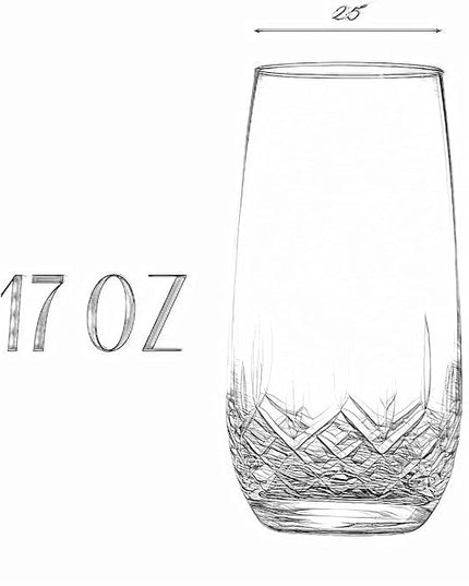 SHOSHIN Hand-Cut Highball Glasses – 17 oz Set of 4, Premium Lead-Free Crystal Drinking Glasses with Classic Pattern, Perfect for Water and Collins Cocktails, Dishwasher Safe