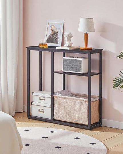 HOOBRO 30" Console Table with Linen Storage Basket, Small Entryway Table with 3-Tier Storage Shelves, Sofa Table, Behind Couch Sofa Table, Narrow Hallway Table, Black and Beige BF60XG01