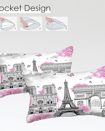 Bedbay Pink Paris Comforter Set with Sheets - 8 Piece Romantic Couple Bedding - Cal King Size Bed in a Bag- Pink Cherry Blossom Floral Comforter Bed Set