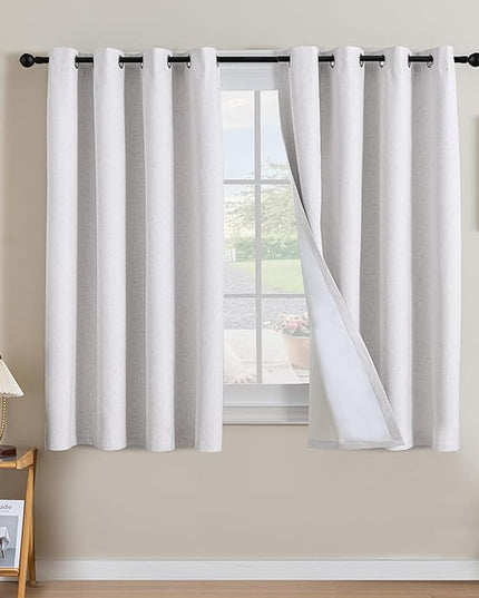 H.VERSAILTEX Linen Curtains 100% Blackout Curtains for Bedroom 54 inch Long Full Light Blocking Nature Linen Blended Window Curtains for Living Room Nickel Grommet (2 Panels, Heathered White)