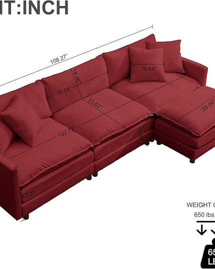 Modular Sectional Sofa,108.27'' Modern Sofa Sleeper Couch with 3 Seat & 1 Ottoman & 3 Pillows Sofa Set, Comfy Cloud Couches with Movable Ottoman for Living Room,Chenille (Wine red, L Shaped)