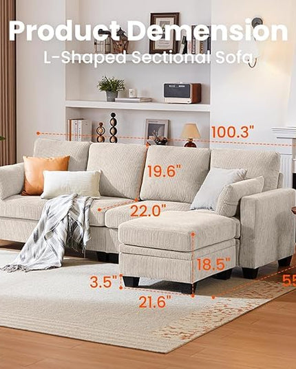 CHIC HOUSE Corduroy Modular Sectional Couch with Ottoman Chaise, L/U Shaped Sleeper Sofa for Living Room, Apartment, Lounge, Modern Armrest Neck Support Furniture (5 Seater Sectional, Beige)