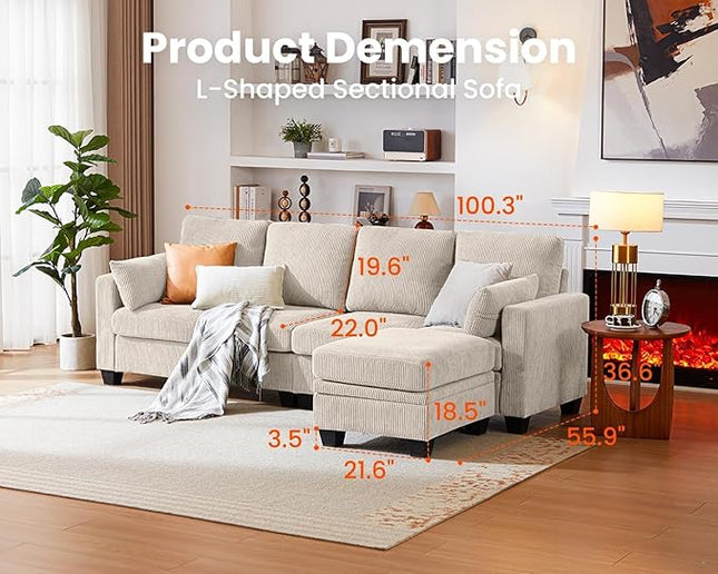 CHIC HOUSE Corduroy Modular Sectional Couch with Ottoman Chaise, L/U Shaped Sleeper Sofa for Living Room, Apartment, Lounge, Modern Armrest Neck Support Furniture (5 Seater Sectional, Beige)