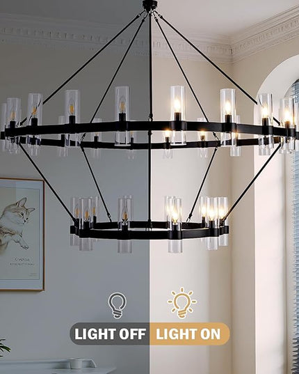 60 Inch Black Wagon Wheel Chandelier with Glass Shade, 30 Lights, 2 Tier Modern Farmhouse Chandelier, Pendant Lighting Fixture Ideal for Dining Room, Kitchen, Entryways