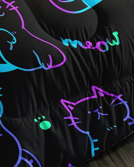 3D Neon Cat Kids Comforter Set,Gradient Line Cat Toddler Comforters Queen Size for Teens Kids Boys Girls Room Decoration,Black Kawaii Bedding Sets with 2 Pillowcases.