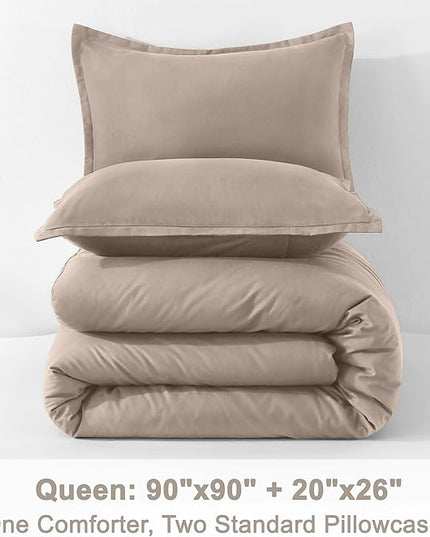 Litanika Light Coffee Comforter Set Queen Size, 3 Pieces Lightweight Solid Bedding Comforter Set, All Season Fluffy Bed Set (90x90In Comforter & 2 Pillowcases)