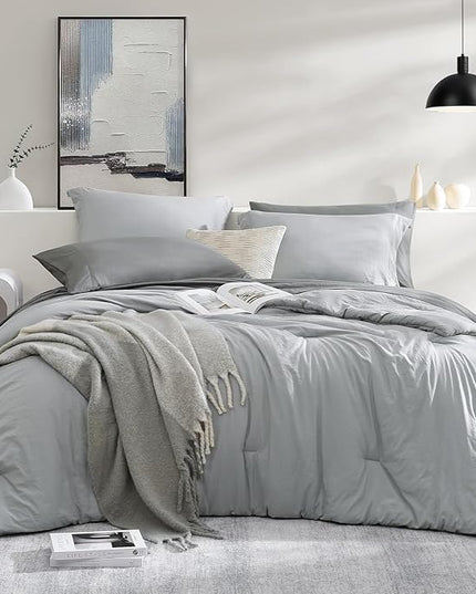 WRENSONGE Twin Comforter Set- 5 Pieces Light Grey Bed in a Bag, All Season Twin XL Bedding Sets with 1 Fitted Sheet, 1 Flat Sheet, 1 Pillow Sham and 1 Pillowcase