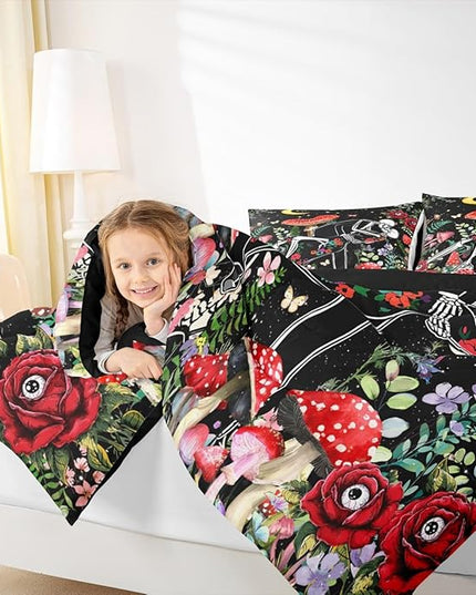 Mushroom Kids Comforter Set King Size,Sun Moon Starry Sky Romantic Bedding Set,Boys Girls Adults Room Decor,Butterfly Skeleton Flowers Boho Down Comforter,Red Trippy Duvet Insert,2 Pillowcases