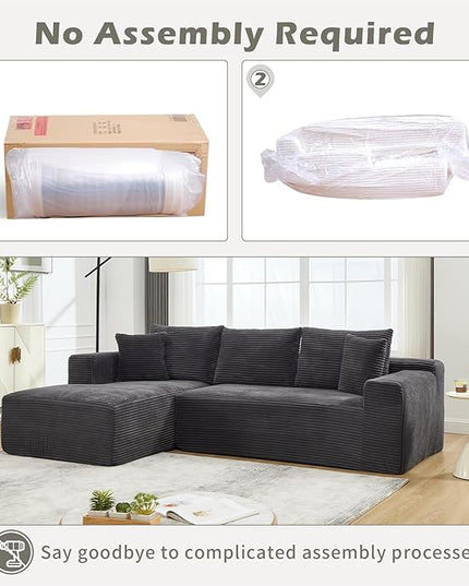 PELUMY 108.7" L-Shaped Cloud Couch with Memory Foam, Modular Sectional Sofa with Oversized Chaise, No Assembly Required Sleeper Sofa for Small Space Living Room, Apartment (Grey, Corduroy)