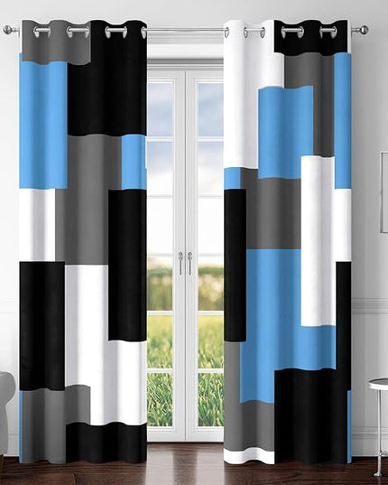 Light Blue 100% Blackout Curtains for Bedroom 63 inch Length 2 Panels Set White Grey Modern Abstract Geometric Black Out Curtains Insulated Room Darkening Window Drapes for Living Room, 52Wx63L