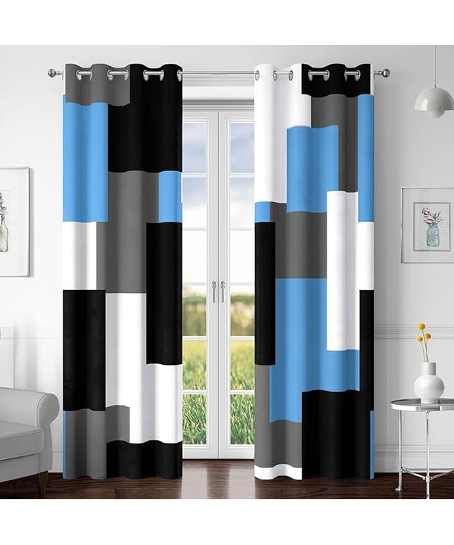 Light Blue 100% Blackout Curtains for Bedroom 63 inch Length 2 Panels Set White Grey Modern Abstract Geometric Black Out Curtains Insulated Room Darkening Window Drapes for Living Room, 52Wx63L