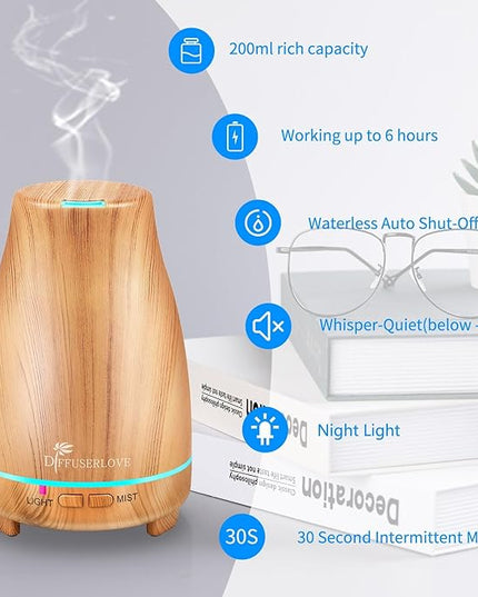Diffuserlove Essential Oil Diffuser 200ML Aroma Diffuser Mist Humidifiers with 7 Color LED Lights, Auto Shut-Off Function for Bedroom Office Room House