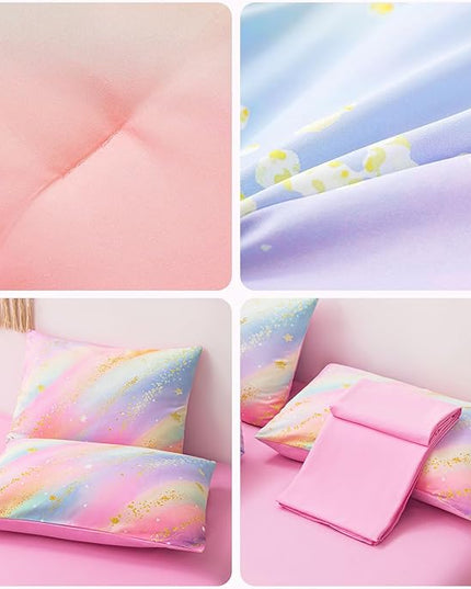 Rainbow Bedding Set Full Size – 6-Piece Reversible Girls Comforter with Deep-Pocket Sheet, Gradient Galaxy Design, Whole-Piece Filling, Machine Washable Bed-in-a-Bag for Kids Room Makeover & Gifts