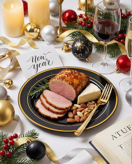 bUCLA 100 Pieces Black and Gold Plastic Dinner Plates - 10.25 inch Black Disposable Plates with Gold Rim - Ideal for Party, Graduation & New Year