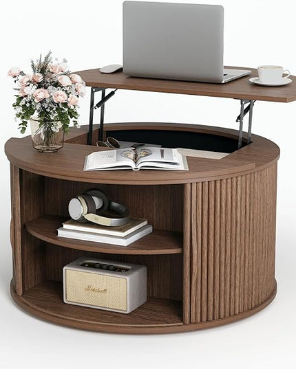 Round Coffee Table with Storage, 31.5" Drum Coffee Table with Lifting Top, Small Fluted Accent Center Table for Living Room, Walnut