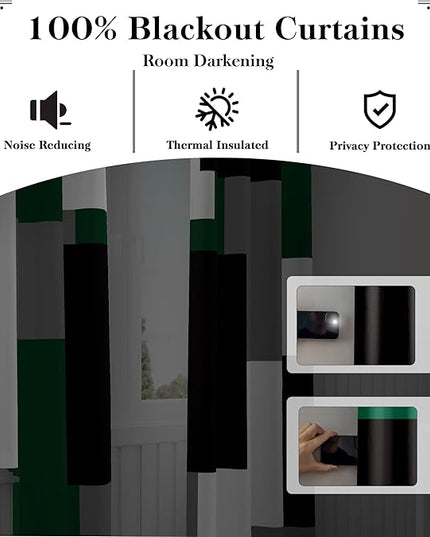 Green Blackout Curtains for Bedroom 63 inch Long 2 Panels Set Black Grey White Modern Abstract Geometric Black Out Curtains Insulated Room Darkening Window Drapes for Living Room, 52Wx63L