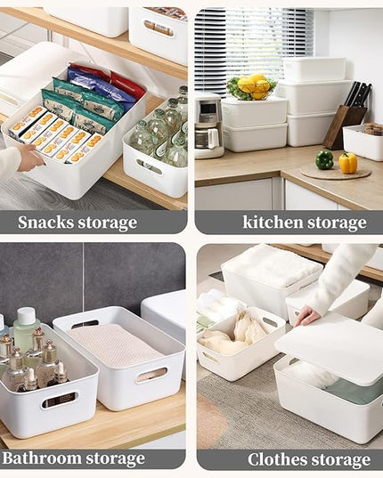 Plastic Storage Baskets Bins Boxes With Lids,Organizing Container White Storage Organizer Bins For Shelves Drawers Desktop Playroom Classroom Office,3-Pack(M+2S)