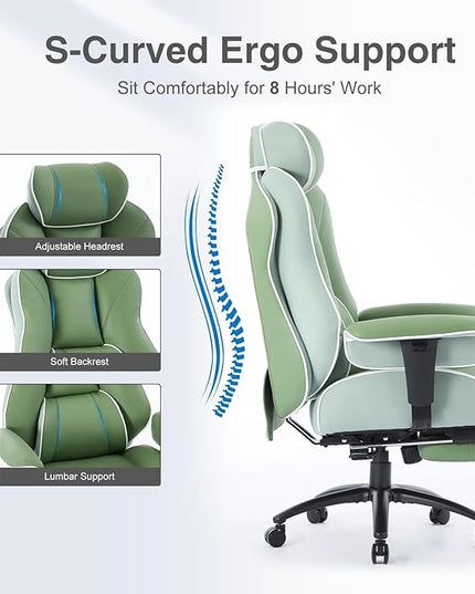 DJ·Wang Big and Tall Office Chair with Foot Rest, High Back Executive Office Chair PU Leather, Ergonomic Chairs with Lumbar Support, 135° Reclining Chairs with Thickened Spring Cushion Green