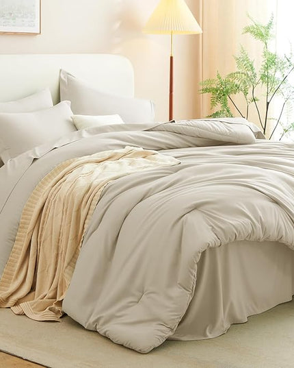 CozyLux Queen Comforter Set Oatmeal, 7 Pieces Bed in a Bag Soft Bedding Comforter Set with Sheets, All Season Boho 7PC Bed Sets with Comforter, Fitted Sheets, Flat Sheets, Pillow Shams and Pillowcases