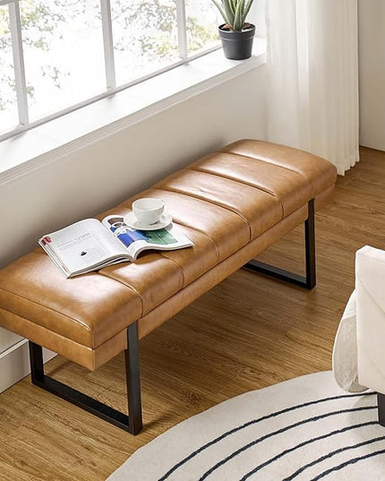 HULALA HOME 53" Faux Leather Entryway Bench, Button Tufted End of Bed Bench Ottoman for Bedroom, Living Room with Metal Base,Camel