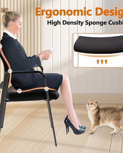 CLATINA Mesh Back Stacking Arm Chairs with Upholstered Fabric Seat and Ergonomic Lumber Support for Office School Church Guest Reception Black 4 Pack Set New Version