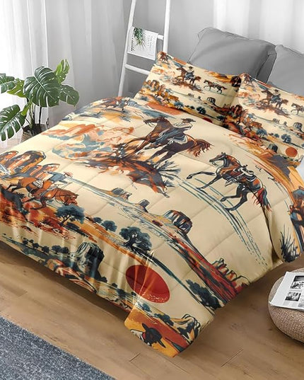 Comforter Set Twin Size, Vintage Western Cowboy Soft 2 Pcs Bedding for Kids and Adults West Horse Desert Comforter Set with Pillowcase for Bedroom Bed Decor