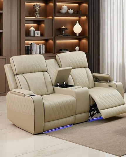 Power Recliner Loveseat Set, Beige Leather Reclining Sofa Sectional Couch, 2 Seater Reclining Couches, Living Room Furniture Sets, Reclining Sofa with Cup Holders/Storage Console for House