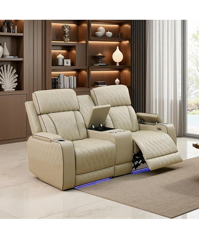Power Recliner Loveseat Set, Beige Leather Reclining Sofa Sectional Couch, 2 Seater Reclining Couches, Living Room Furniture Sets, Reclining Sofa with Cup Holders/Storage Console for House