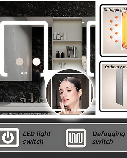 Bathroom Vanity with Sink - Modern Bathroom Cabinet | Large Storage Cabinets & Open Storage Compartments, Smart Defogging Mirror has Surrounding LED Lights (White & Texture, 48IN)