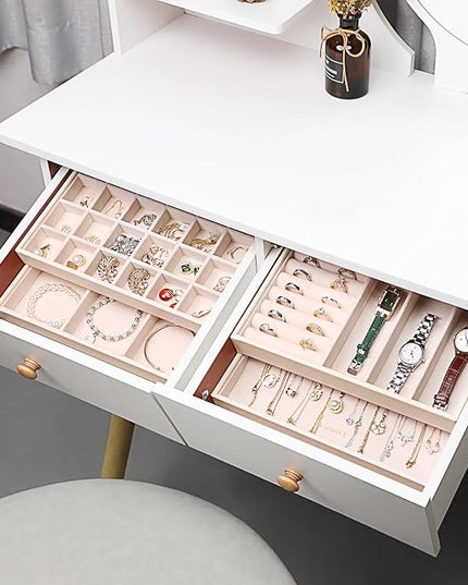 LANDICI Stackable Jewelry Organizer Trays 4 Set,PU Leather Jewelry Organizer Drawer,Jewelry Storage Display Tray for Earring Necklace Rings Bracelet with Removable Dividers,Apricot