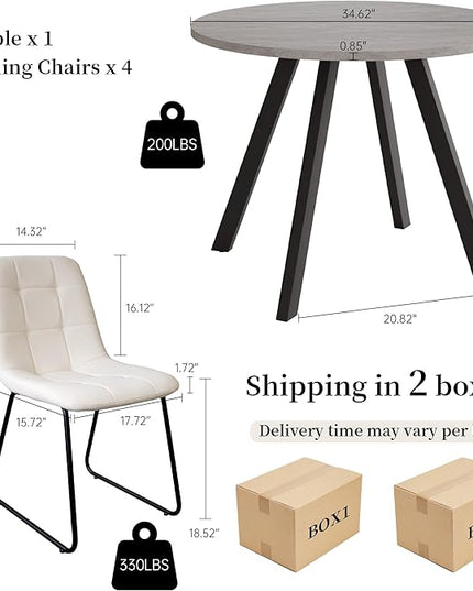 34.6'' Dining Table and Chairs for 4, Mid Century Modern Round Table Set, Space Saving for Apartment Kitchen Dining Room (Grey Table+4 U-Shaped White Chairs)