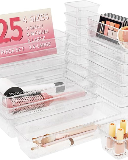 25 PCS Plastic Drawer Organizer Set, 4-Size Clear Bathroom and Vanity Desk Drawer Organizer Trays, Non-Slip Versatile Storage Bins for Makeup Jewelry Office Kitchen Gadgets