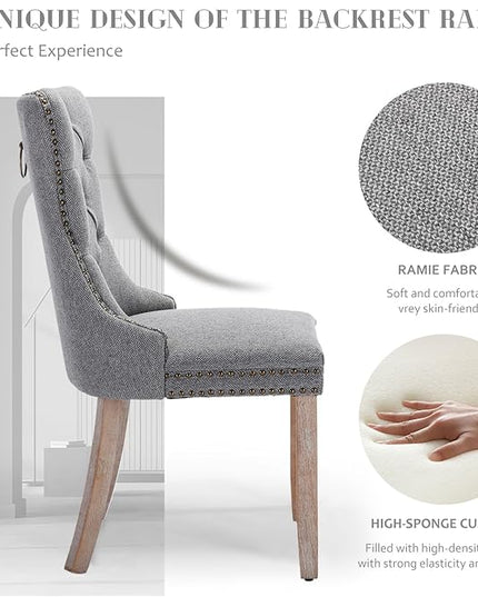 SoarFlash Linen Fabric Dining Chair Set of 6, Upholstered Tufted Dining Room Chair with Nailhead Trim and Solid Light Color Wood Leg for Kitchen (Smoky Gray)