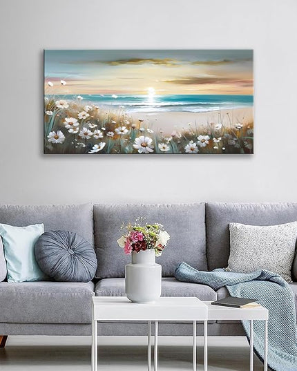 LKY ART Sunset Beach Wall Art Canvas White Flowers Canvas Prints Home Decor Painting for Living Room Bedroom Office Seascape Natural Landscape Wall Decor Ready to Hang