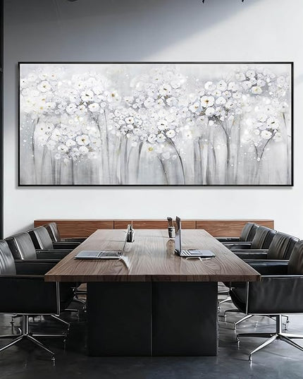 Flower Wood Wall Decor White Wall Art Textured Canvas Painting 32"x70" Decorative Pictures for Bedroom Kitchen Large Artwork