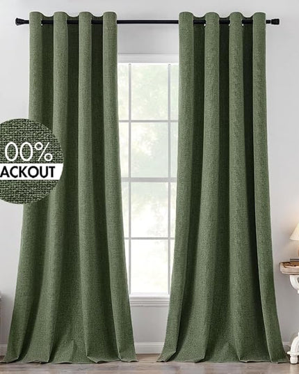 MIULEE 100% Blackout Linen Textured Curtains for Bedroom Solid Thermal Insulated Olive Green Grommet Room Darkening Curtains & Drapes Luxury Decor for Living Room Nursery 52 x 120 Inch (2 Panels)