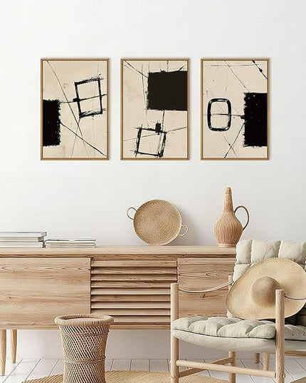 HOURIA Nordic Abstract Black & Beige Brush Stroke Framed Canvas Wall Art Set,Minimalist Geometric Grunge Line Shapes Ink Sketch Decor,Neutral Modern Drawing Artwork for Living Room,Farmhouse-16"x24"x3