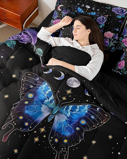 Feelyou Boys Girls Blue Moth 7 Pieces Bedding Sets Full Size, Boho Aesthetic Bed in A Bag Star Moon Comforter Set with Sheets Kids Flower Teens Bed Set Room Decor