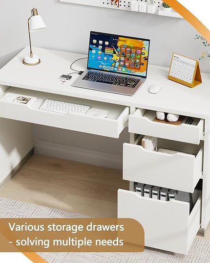 52 Inch White Desk with 4 Drawers, Computer Desk with Storage for Small Spaces with Storage File Cabinet, Small Home Office Desk with Drawers for Bedroom