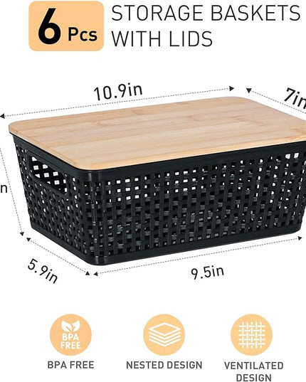 Storage Bins with Lids 6 Packs, Plastic Storage Bins with Bamboo Lids for Pantry Organization and Storage Containers for Shelves Drawers Desktop Closet Office Home, Black