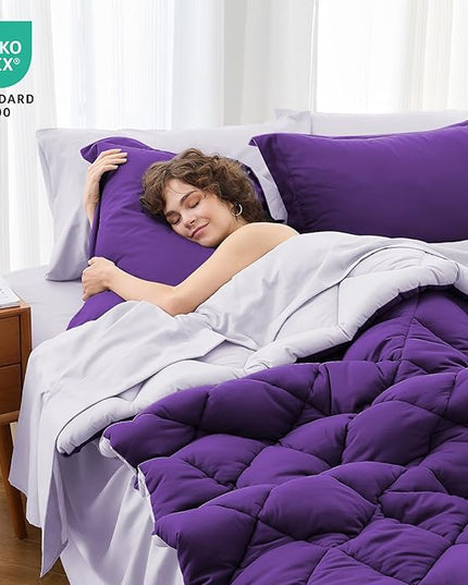 MUXHOMO 7 Pieces California King Comforter Set, Reversible Bed in a Bag Cal King Size, All Season Bedding Set with Comforter, Flat Sheet, Fitted Sheet, Pillowcases & Shams, Purple & Lavender