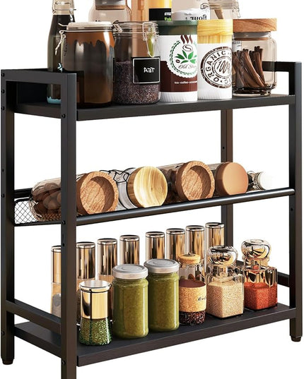 IBUYKE 3-Tier Spice Rack Industrial Counter Shelf Desktop Storage Organizer Standing Seasoning Rack for Countertop Kitchen Office Living Room Desktop Black UTLJ021B