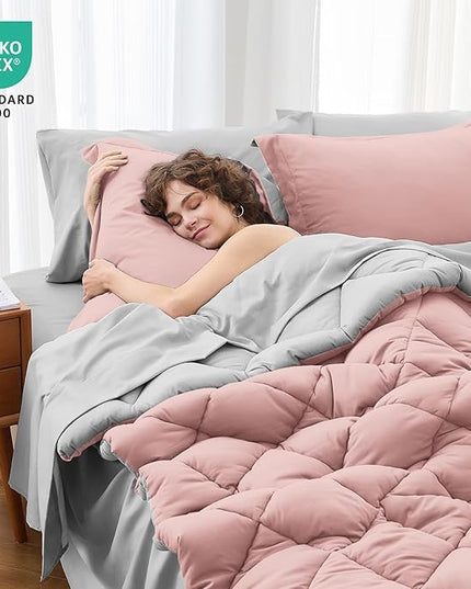 MUXHOMO 7 Pieces King Comforter Set, Reversible Bed in a Bag King Size, All Season Bedding Set with Comforter, Flat Sheet, Fitted Sheet, Pillowcases & Shams, Pink & Light Grey